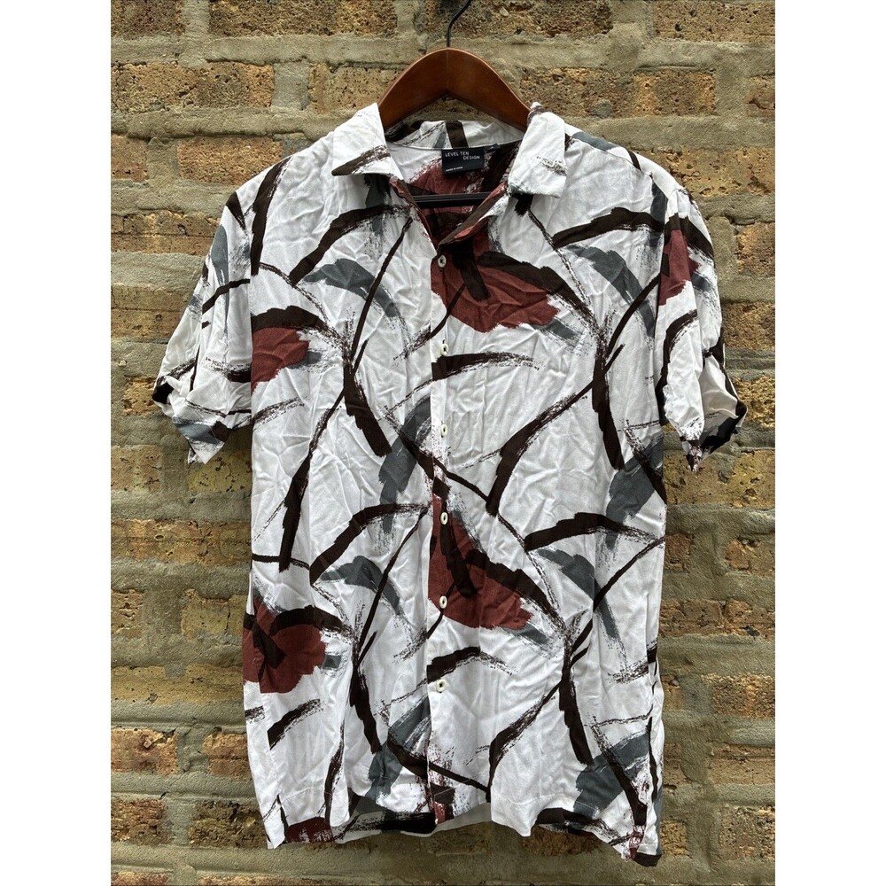 Level Ten Design Mens Sm Shirt Button Up Brown White Short Sleeve Paint Splatter